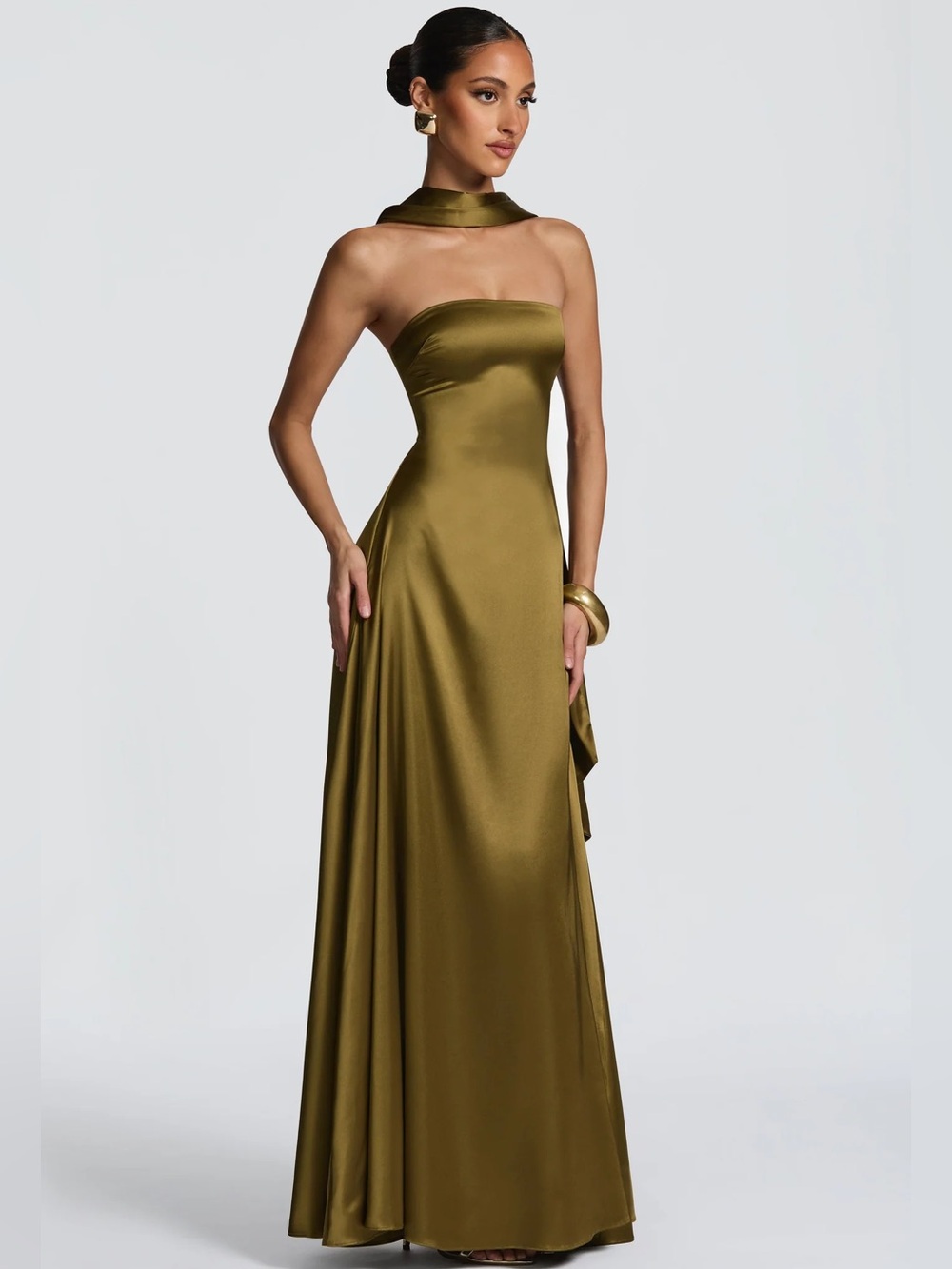 Olive Satin Strapless Gown,L